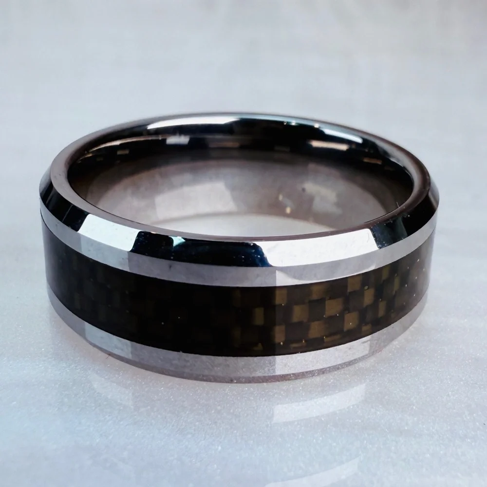 Men's silvertone Black Carbon Fiber Ring sz 9 1/2